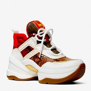 Olympia Two-Tone Snake Embossed Leather Trainer in Red